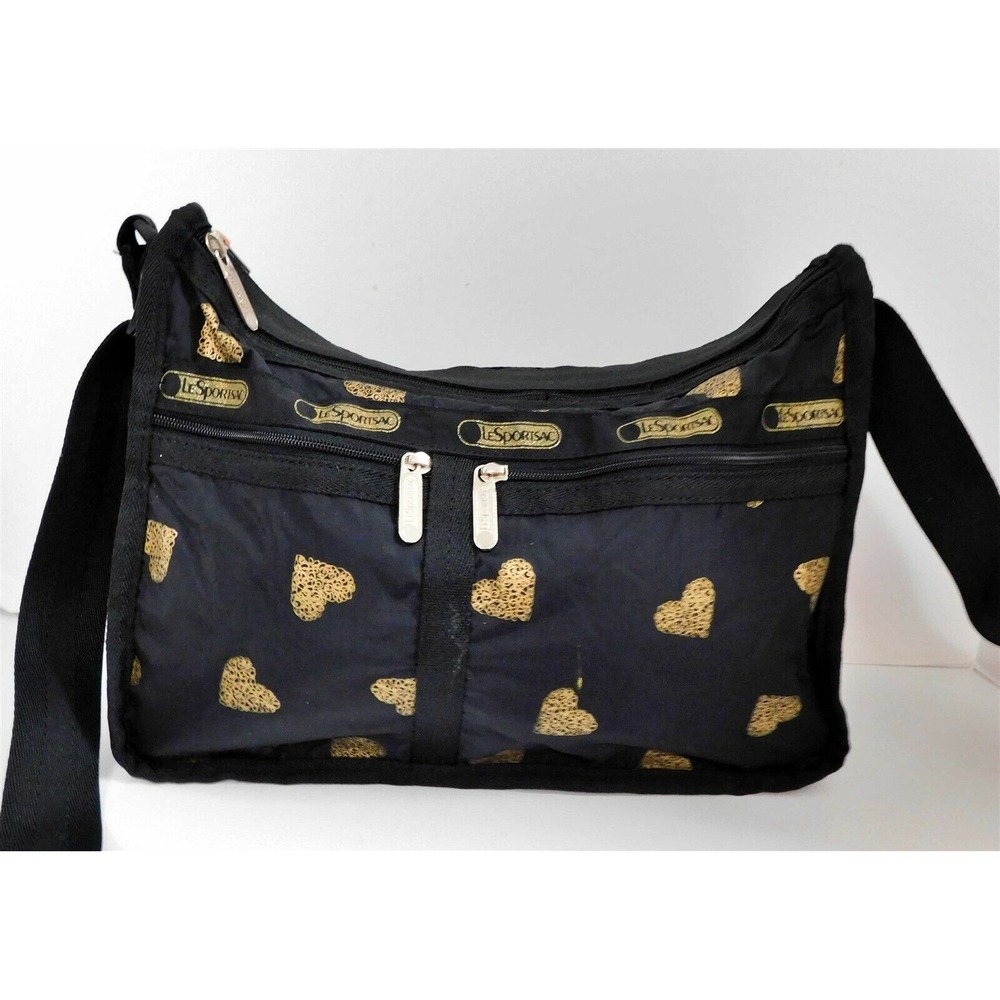 Le Sportsac Everyday Black‎ Nylon Gold Heart Crossbody Bag Rare